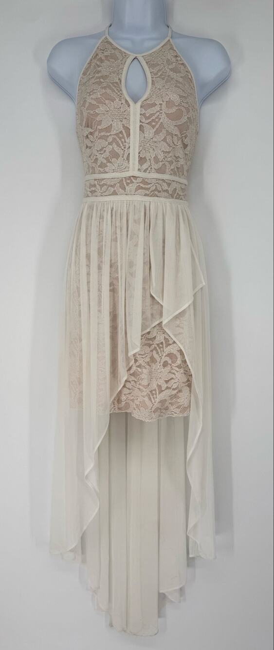 Morgan & Co Ivory Glitter Lace High Low Halter Dress Size 1/2 Bridal Prom